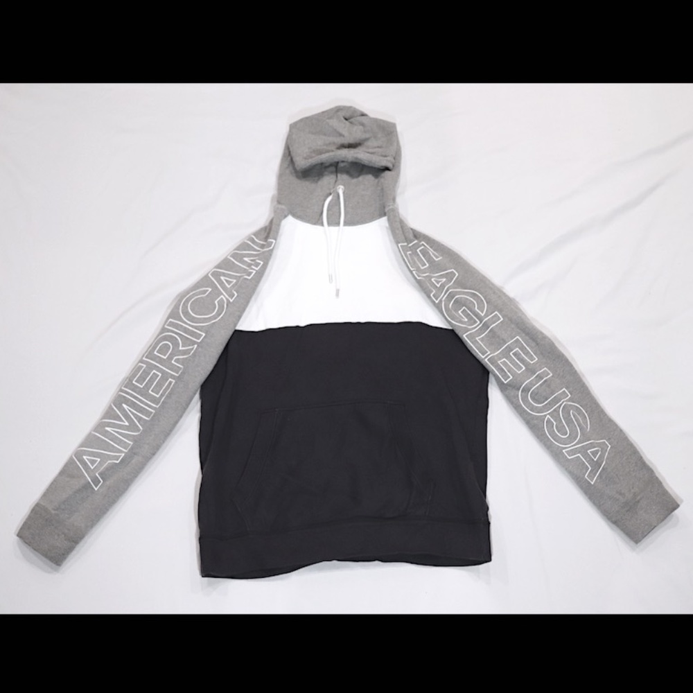 AMERICAN EAGLE GREY, WHITE AND NAVY BLUE HOODIE
